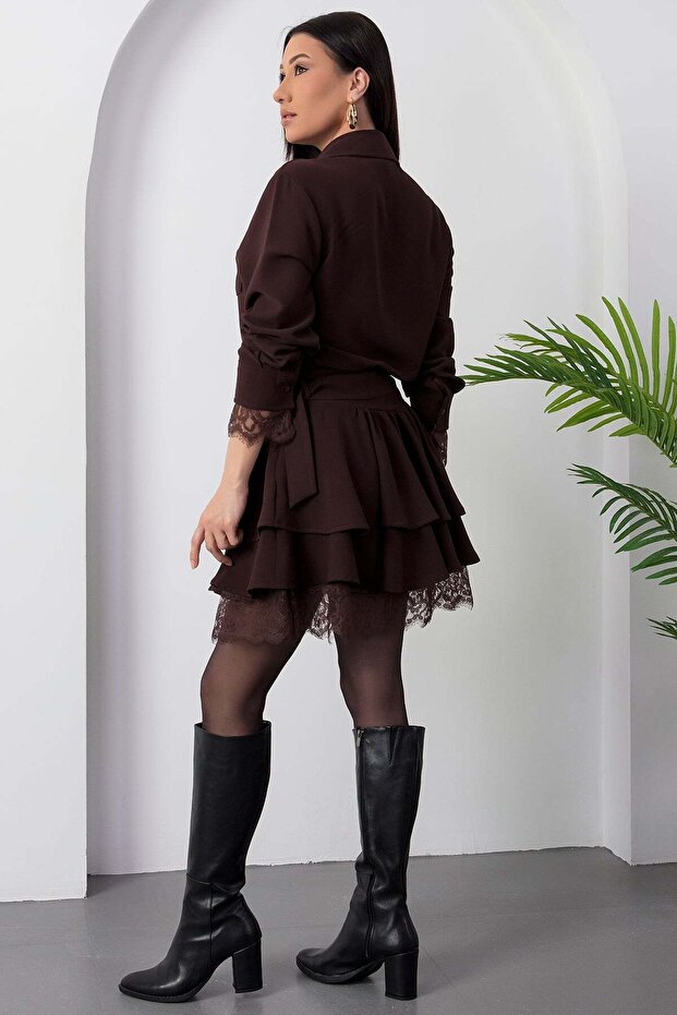 Gömlek Yaka Dantel Detaylı Kat Kat Elbise GRS3858 - 8