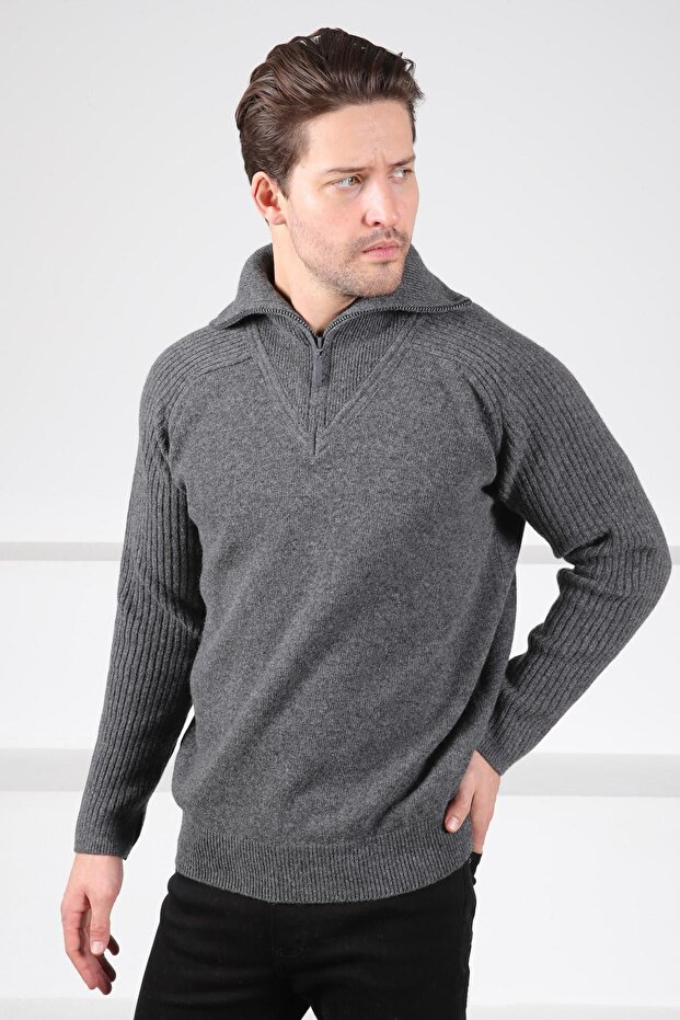 Smoked Turtleneck Zippered Sleeves Corded Fabric Lamb Wool Blended Men's Knitwear Sweater
