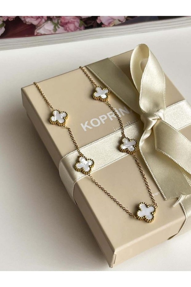 5 Leaf Clover White Gold Steel Necklace