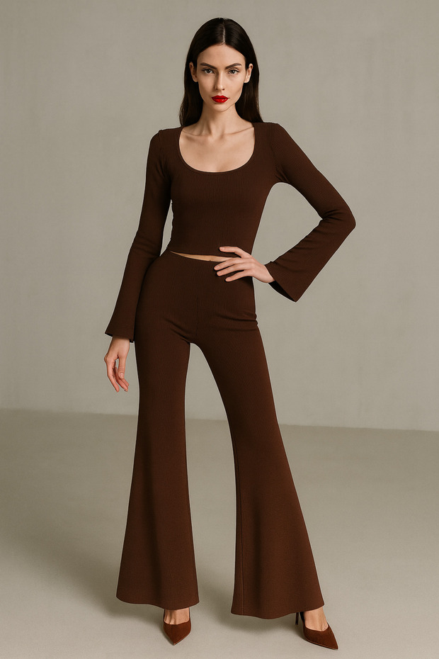 Women's Brown Flared F Corded Fabric Set