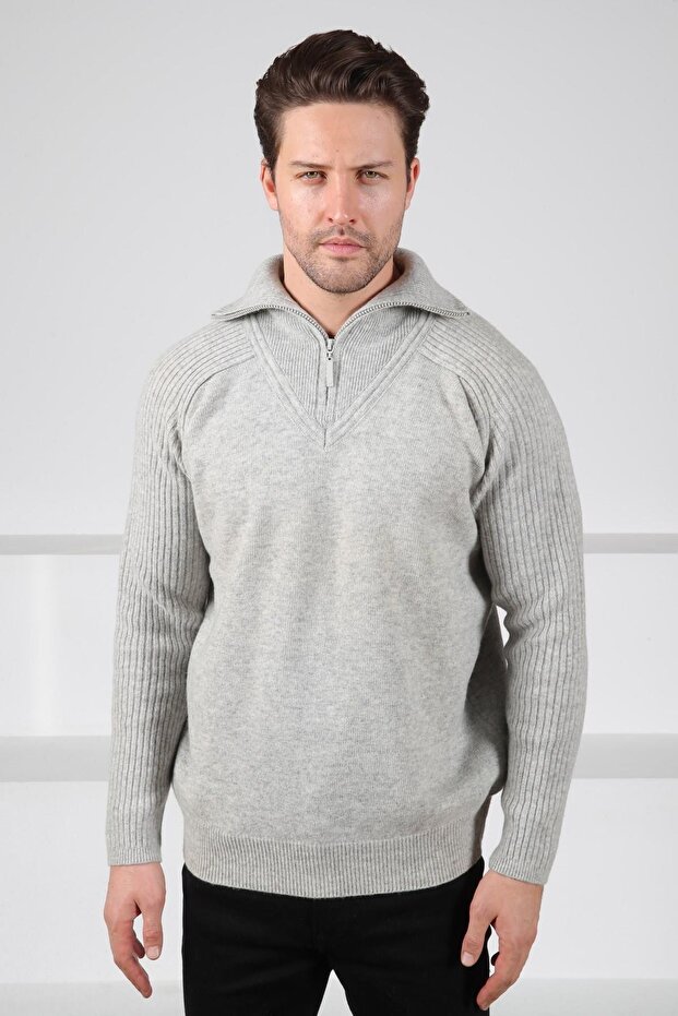 A.Grey Turtleneck Zippered Sleeves Corded Fabric Lamb Wool Blended Men's Knitwear Sweater