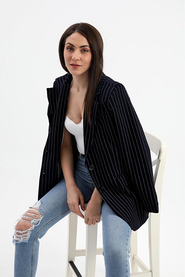 Women's Double-Breasted Collar Buttoned Lined Boyfriend Classic V Shoulder Pad Navy Blue Striped Blazer Jacket