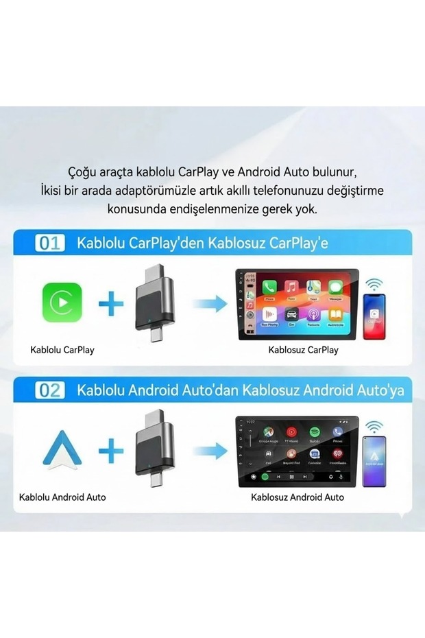Kablosuz CarPlay ve Android Auto Adaptörü Mini Ergonomik 2in1 - 5