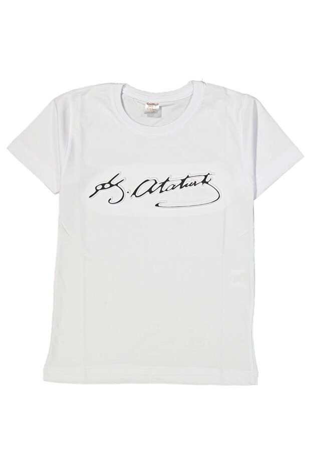 Unisex White Black K. Ataturk Embossed Signed Short Sleeve T-Shirt
