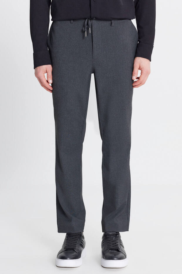 Men's Anthracite Slim Fit Slim Fit Tie-Waist Trousers with Side Pockets