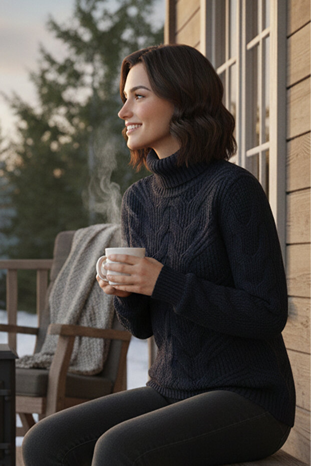 Kadın Balıkçı Yaka Kalın Kazak - 3