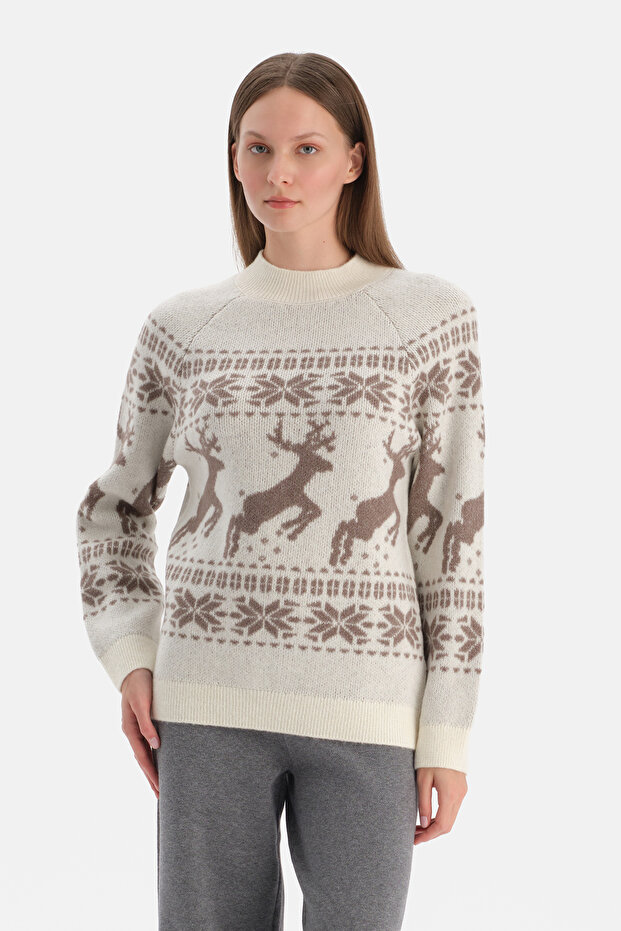 Ecru Deer Patterned Christmas Sweater - 1
