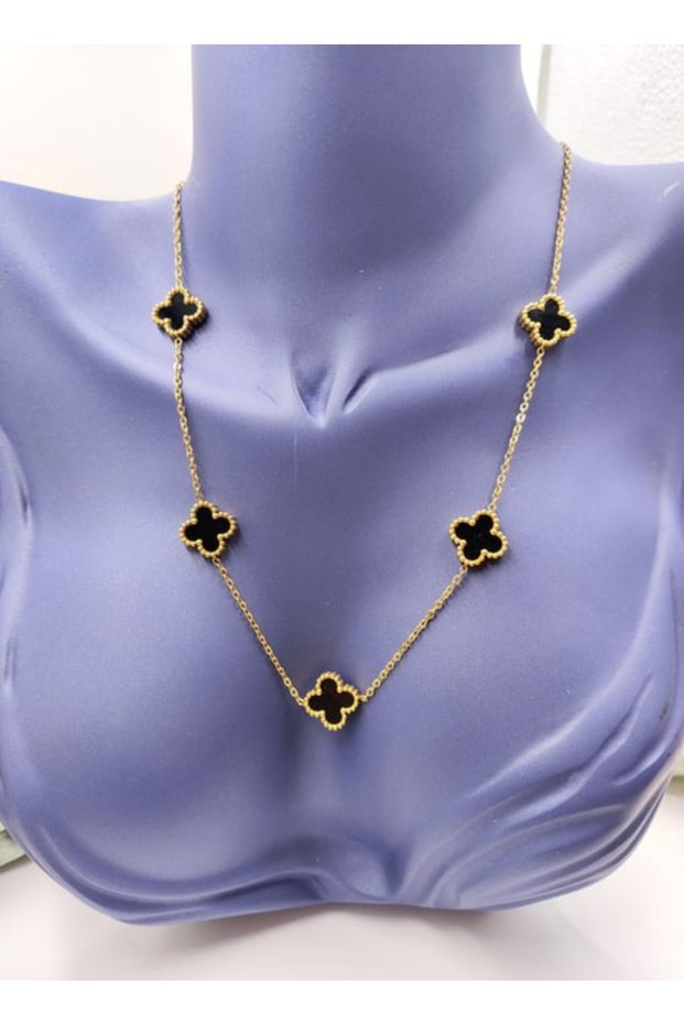5 Leaf Clover Black Gold Steel Necklace