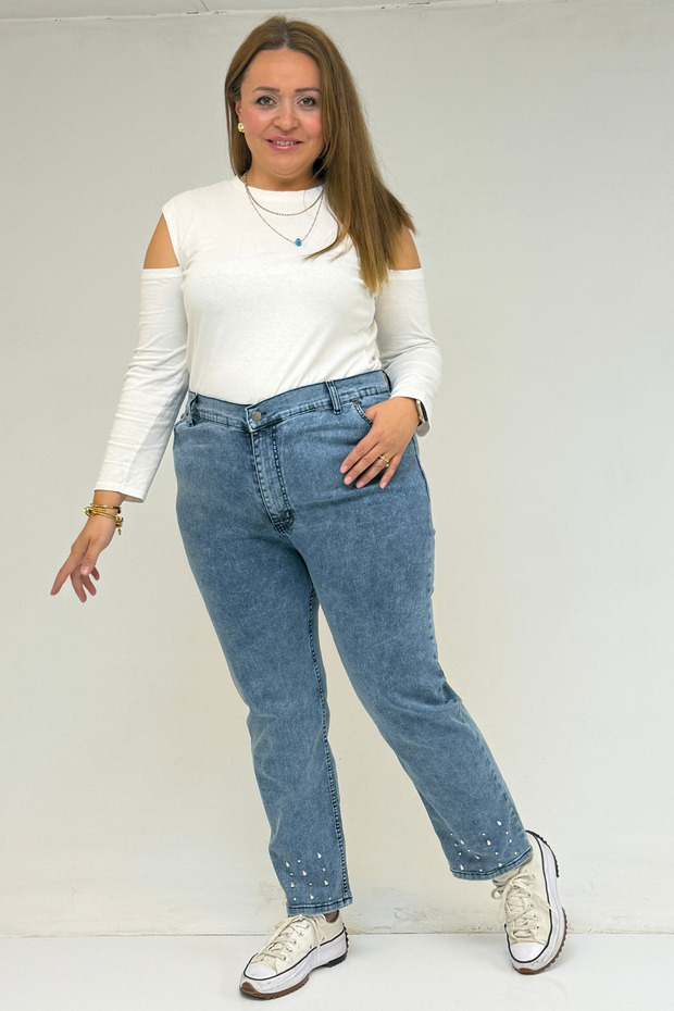 59044 Plus Size Stone Detailed Flared Jeans - Snow Wash Ice Blue