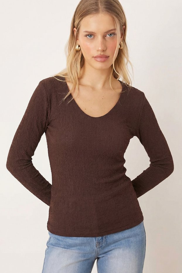 Women's Dark Brown V-Neck Long Sleeve Gathered Blouse Arm-26Y001001