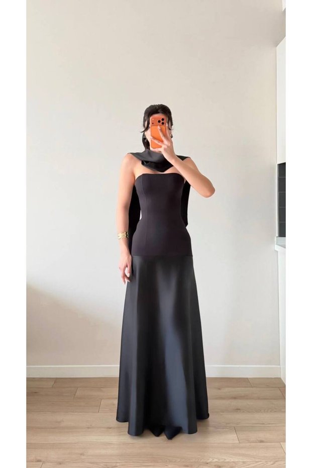 Women's Black Satin Shawl Strapless Maxi Dress