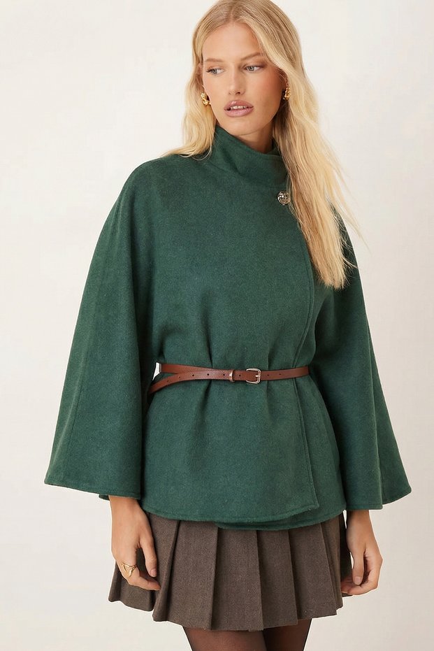 Women's Green Gold Button Detailed Belted Cashmere Poncho Jacket Mock Neck Arm-26K001065