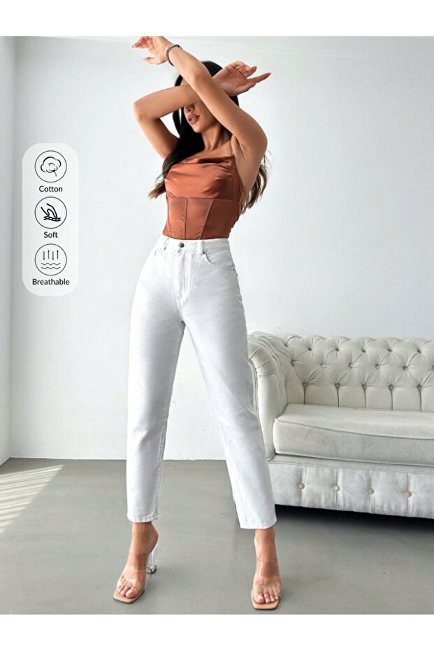 High Waist White Linen Mom Pants