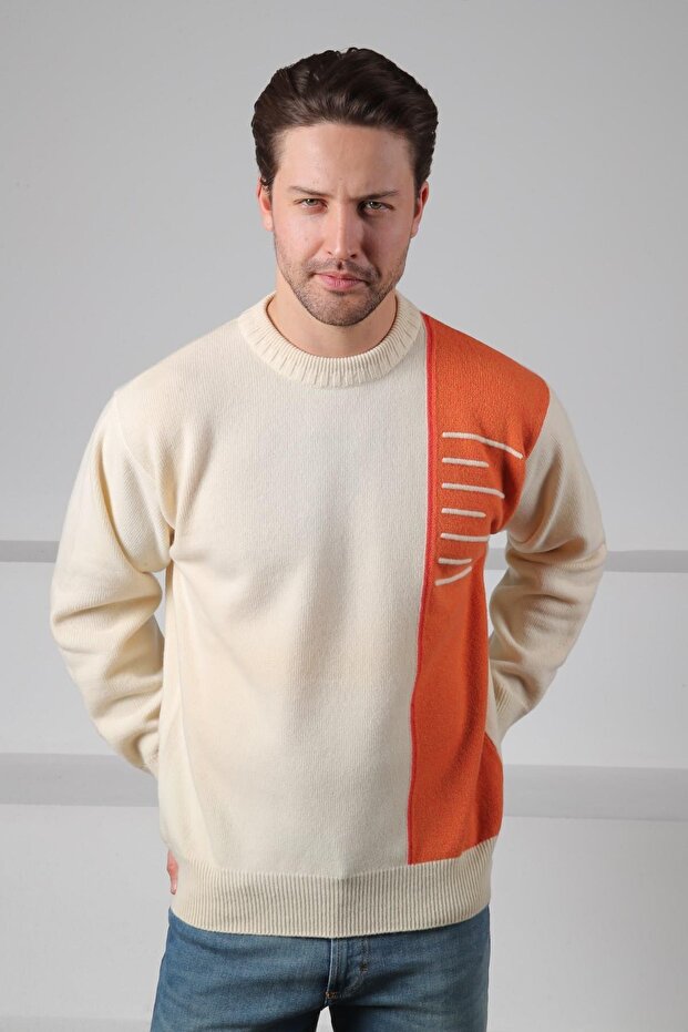 Ecru Crew Neck Stripe Detailed 100% Lamb Wool Men's Knitwear Sweater