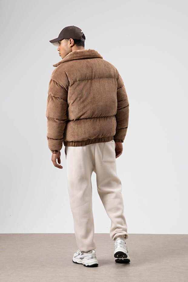 Oversize Kadife Şişme Mont Taba - 3