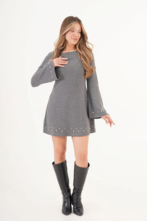 İspanyol Kol Taşlı Detaylı Mini Elbise - 2