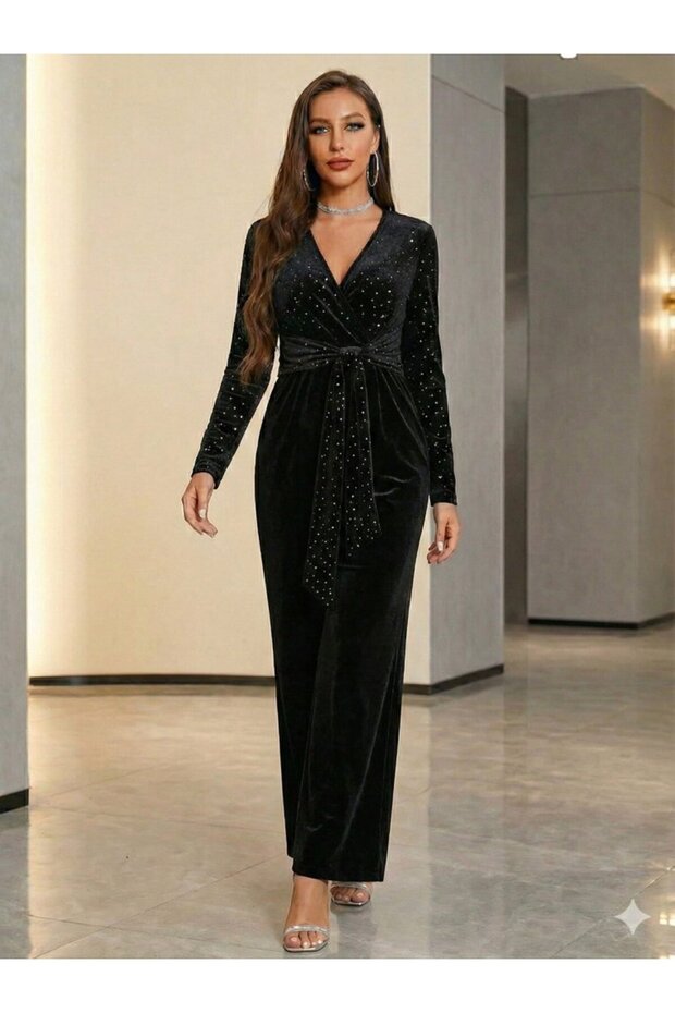 Women's Long Sleeve Double-Breasted Collar Waist Belted Sparkling Velvet Jumpsuit - 4