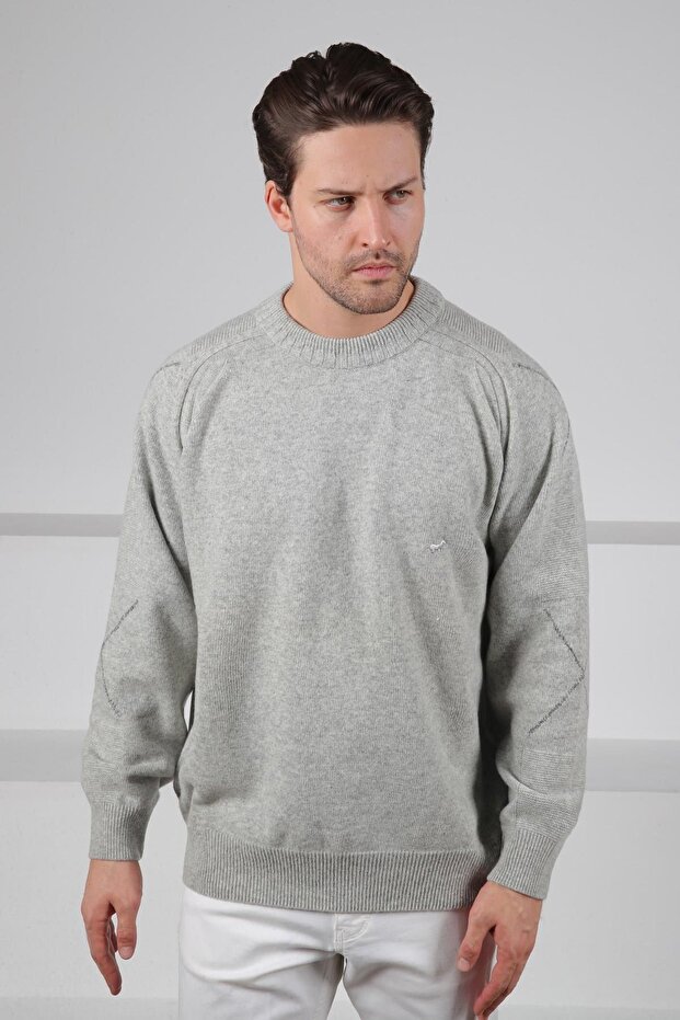 A.Grey Crew Neck Plain Front Sleeves with Stripe Detail 100% Lamb Wool Men's Knitwear Sweater