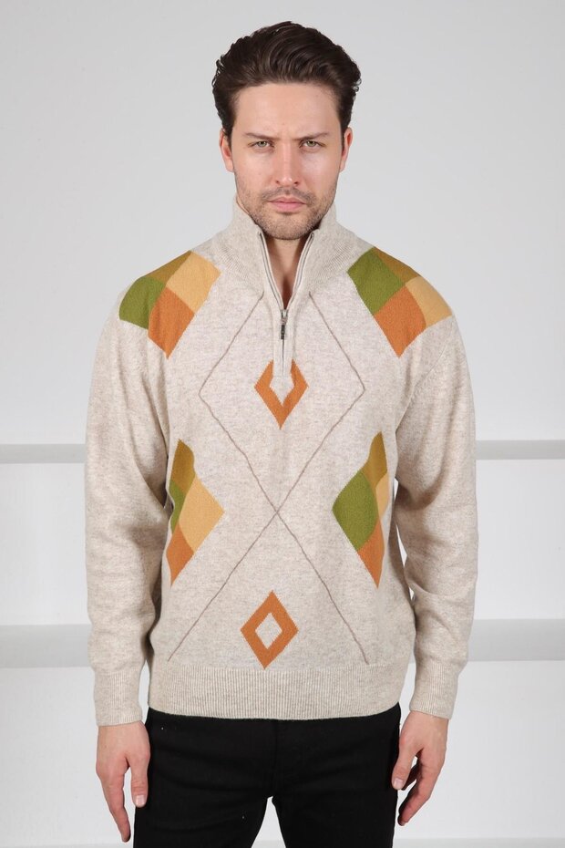 A.Beige Turtleneck Zippered Camel Green Pattern Detailed 100% Lamb Wool Men's Knitwear Sweater