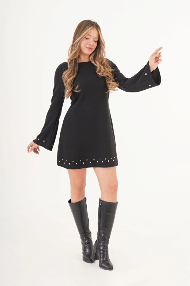 İspanyol Kol Taşlı Detaylı Mini Elbise - 2