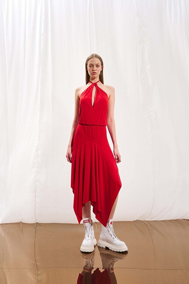 Red Low-Cut Flounce Dress 17277