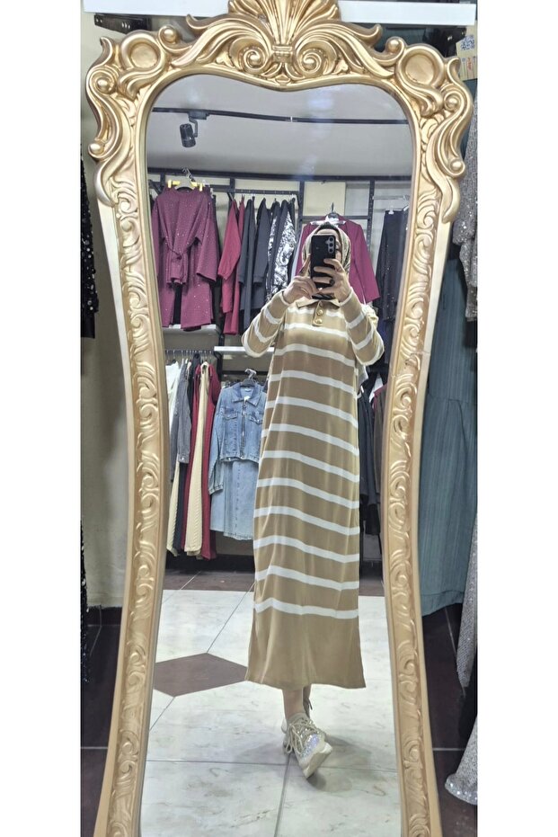 Çizgili polo yaka elbise - 4