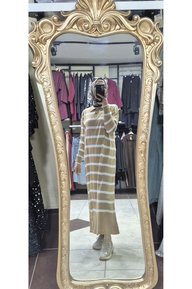 Çizgili polo yaka elbise - 2