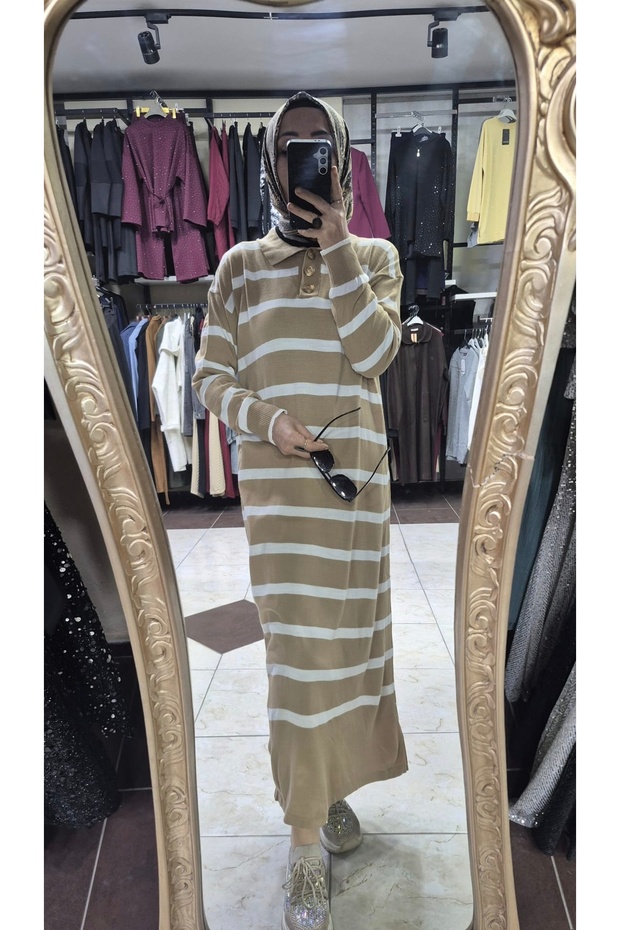 Çizgili polo yaka elbise - 3