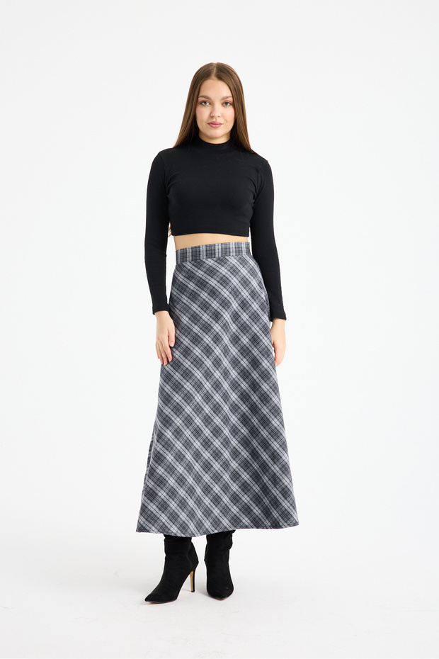 Women's Gray Long Plaid Skirt
