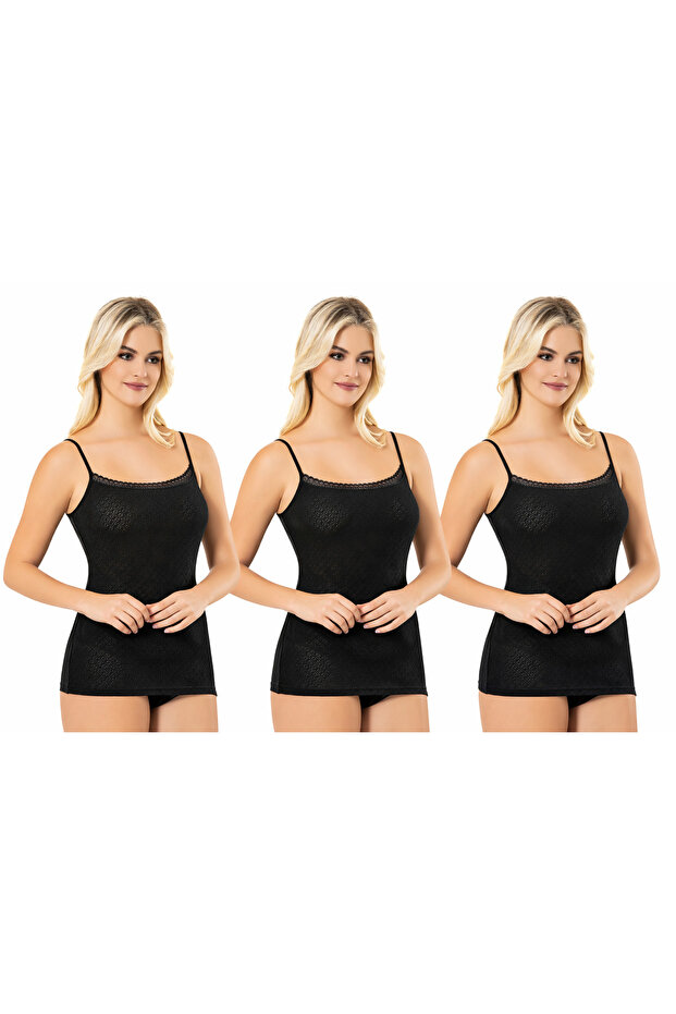 Women's Lace Strap Tank Top Patterned Ribbed 3-Piece Set – Black Color Daily Comfort Pack