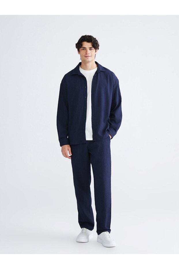 Xside Navy Blue Comfortable Fit Textured Men's Trousers