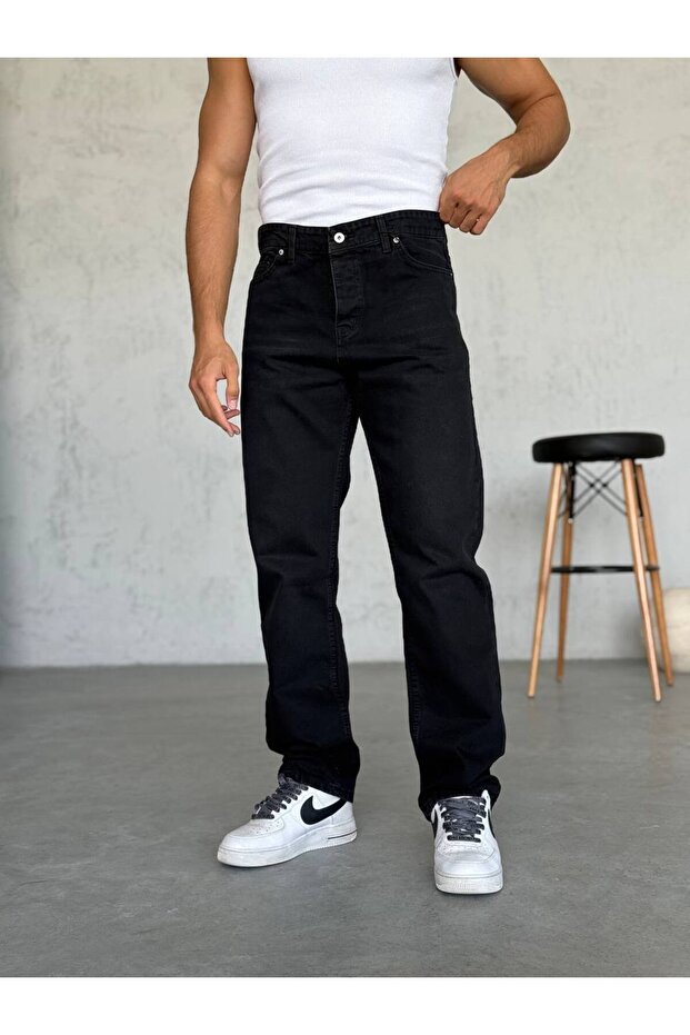 Men's Black Stonewashed Baggy Fit Wide Leg Long Jeans (Regular Waist)