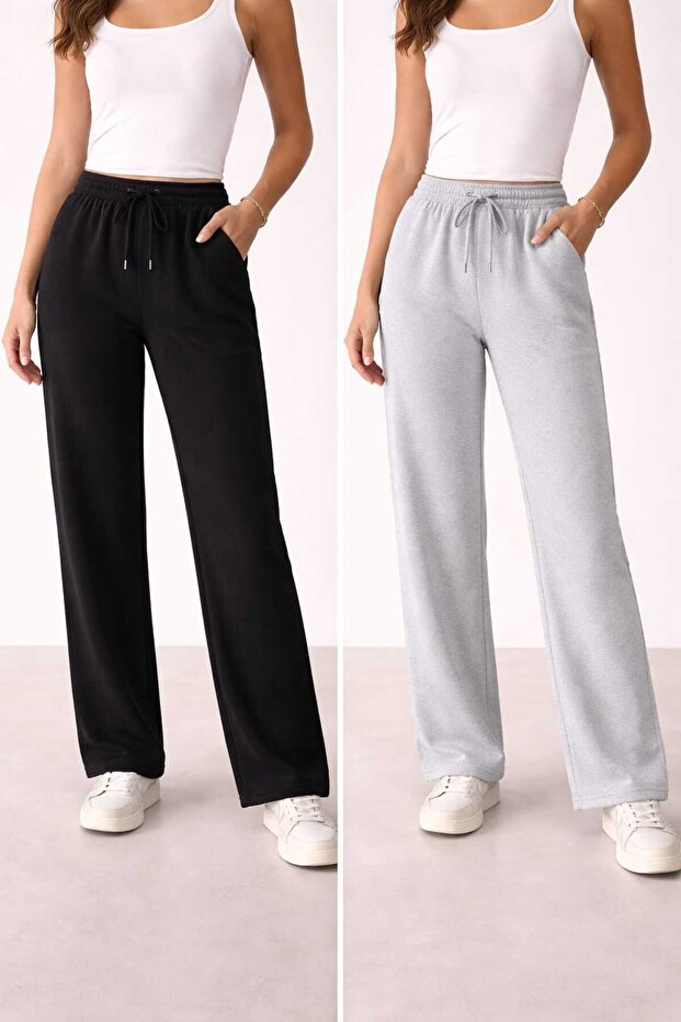 Şardonlu Winter Women's 2-Piece Black + Gray Sweatpants Loose Leg Baggy Plus Size with Pockets Adjustable