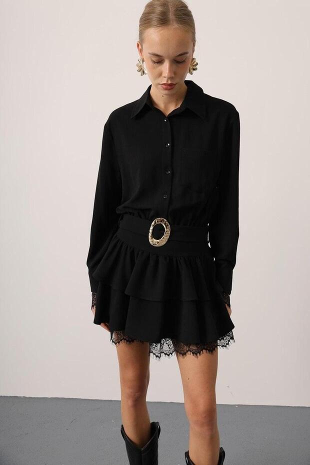 Premium Trend Skirt with Lace, Flounces and Ruffles Black Shirt Dress
