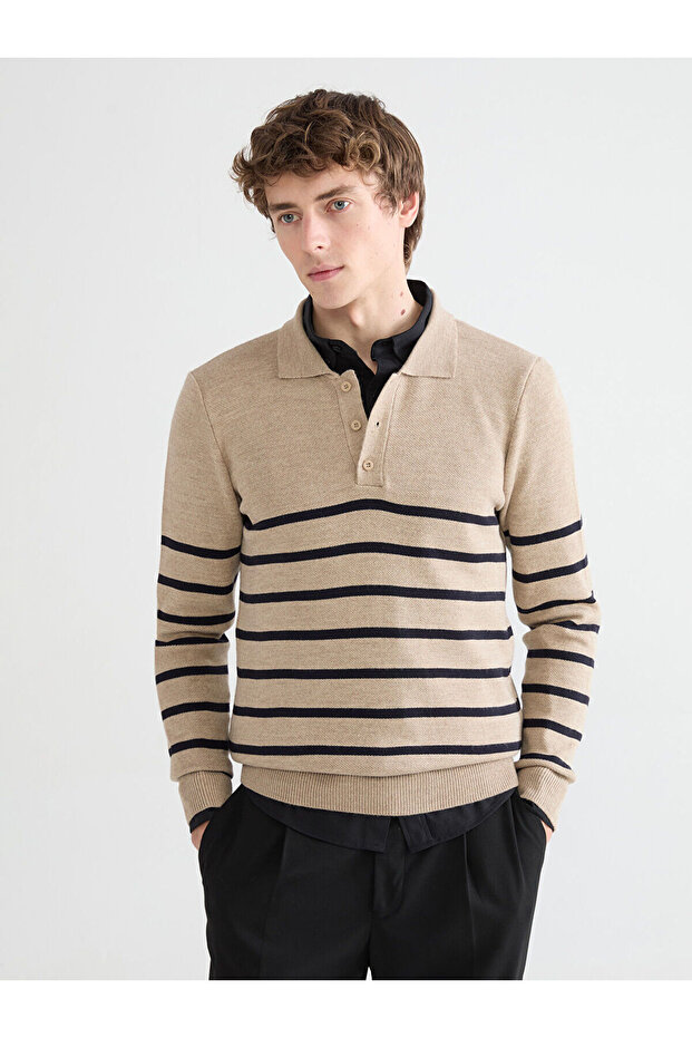 Ozmarka New Season Polo Neck Striped Men's Sweater