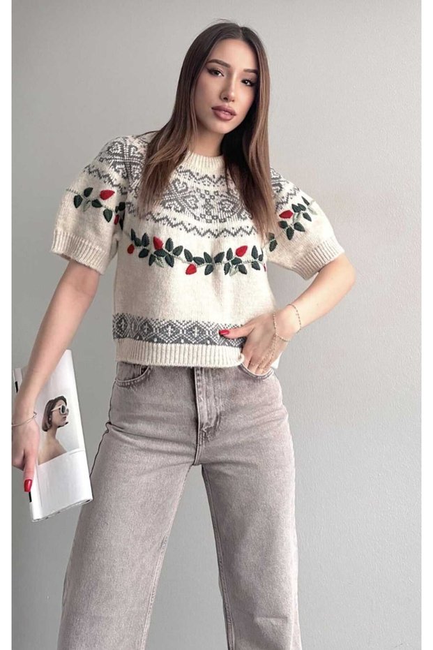 Jacquard Embroidery Detail Knitwear Blouse
