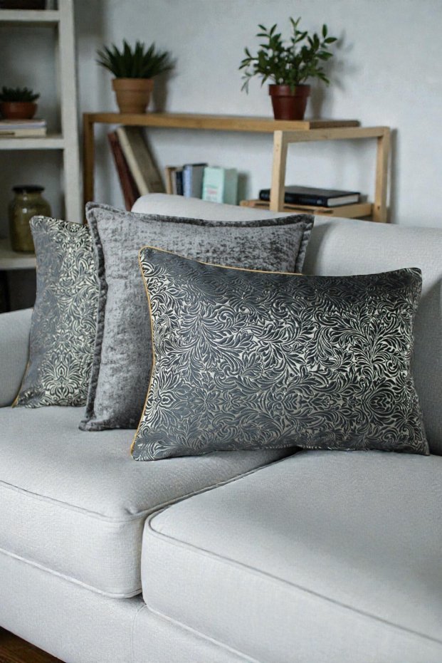 Cushion Cover Patterned Jacquard & Velvet Set - Double-Sided with Piping 45X45 and 35X50 cm Smoked