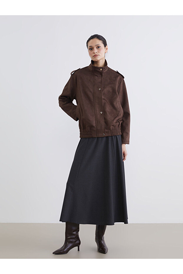 Lcw Modest Gray Flared Skirt with Zipper at the Waist