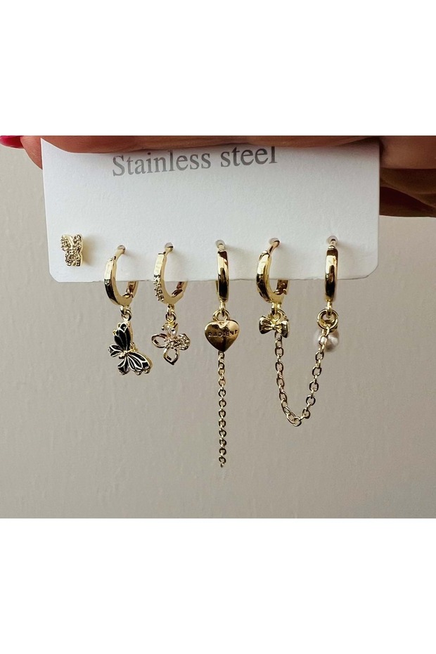 6-Piece Butterfly, Pearl Steel Set Earrings-Gold Color Acr7666