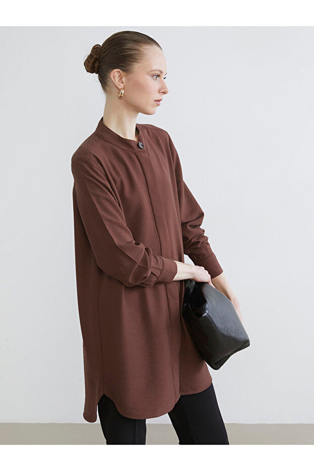 Brown judge collar women's shirt tunic from plus-store