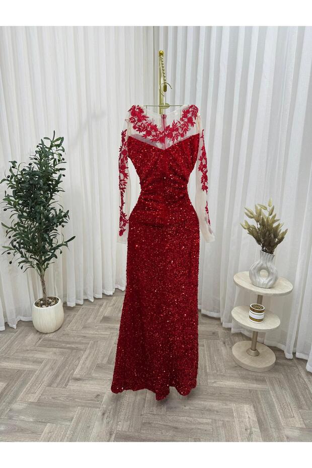 Red sequined evening dress - 3
