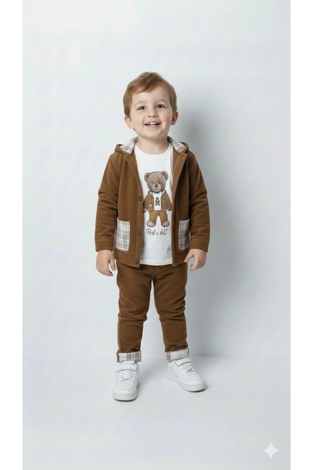 Boys 100% Cotton Velvet Cardigan, Trousers and Teddy Bear Printed Long-Sleeve Sweatshirt, 3-Piece Premium Series