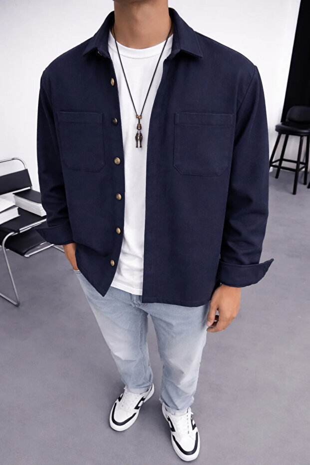Oversize Cotton Stamp Navy Blue Shirt