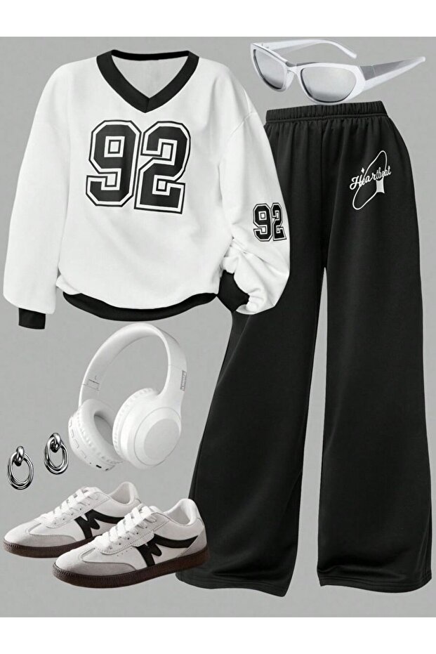 92 Printed V-Neck White Black Top and Bottom Set