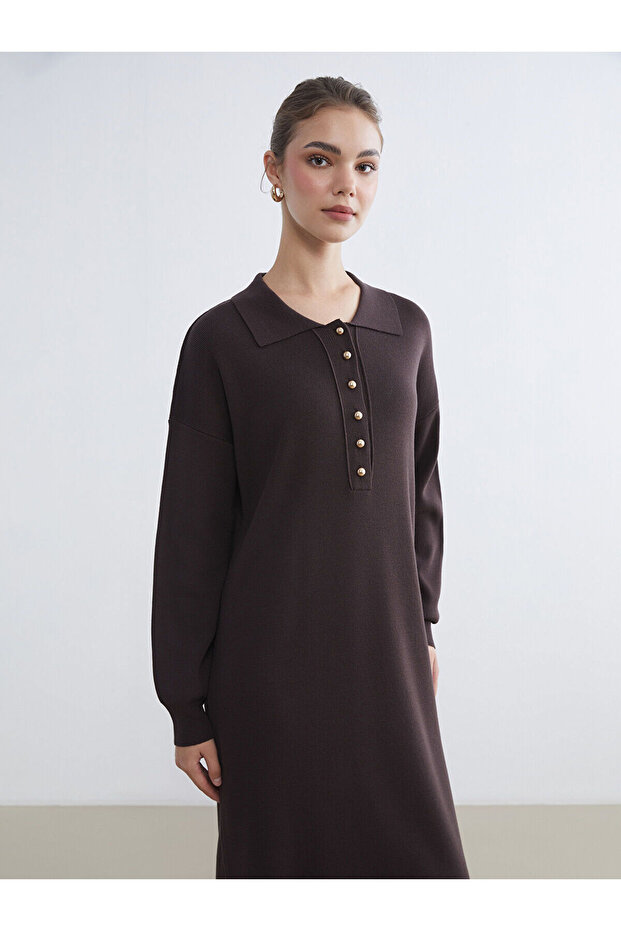 Brown Polo Neck Knitwear Dress from Plus-Store
