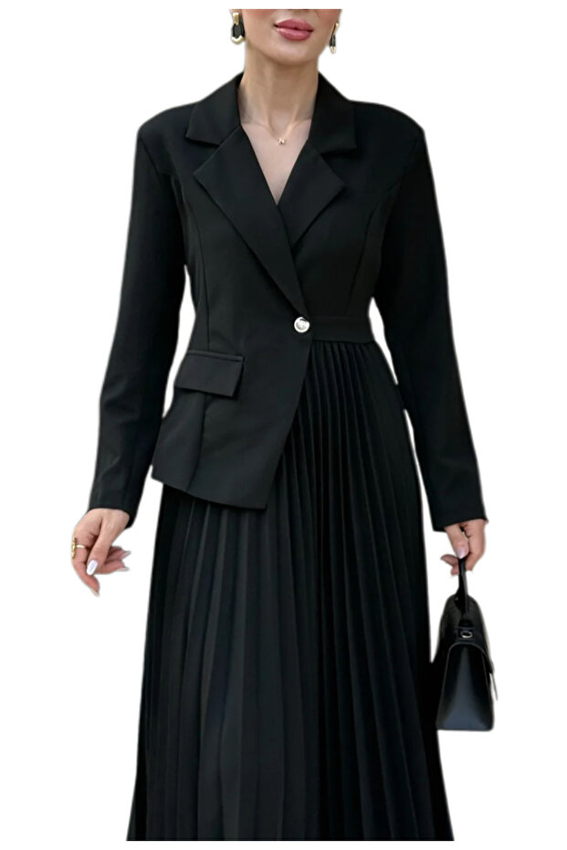 Ceket Görünümlü Piliseli Tek Parça Elbise - 3