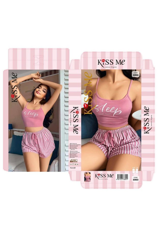 Women's Pink Sleep Printed Striped Suspender Shorts Pajama Set