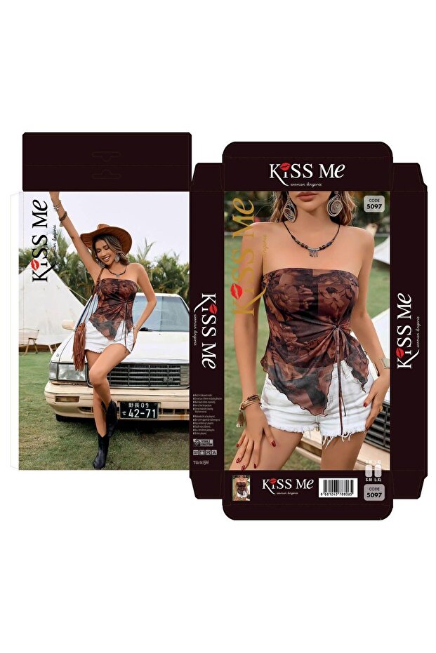 بلايز بوستير برباط بنمط بني للنساء - 1