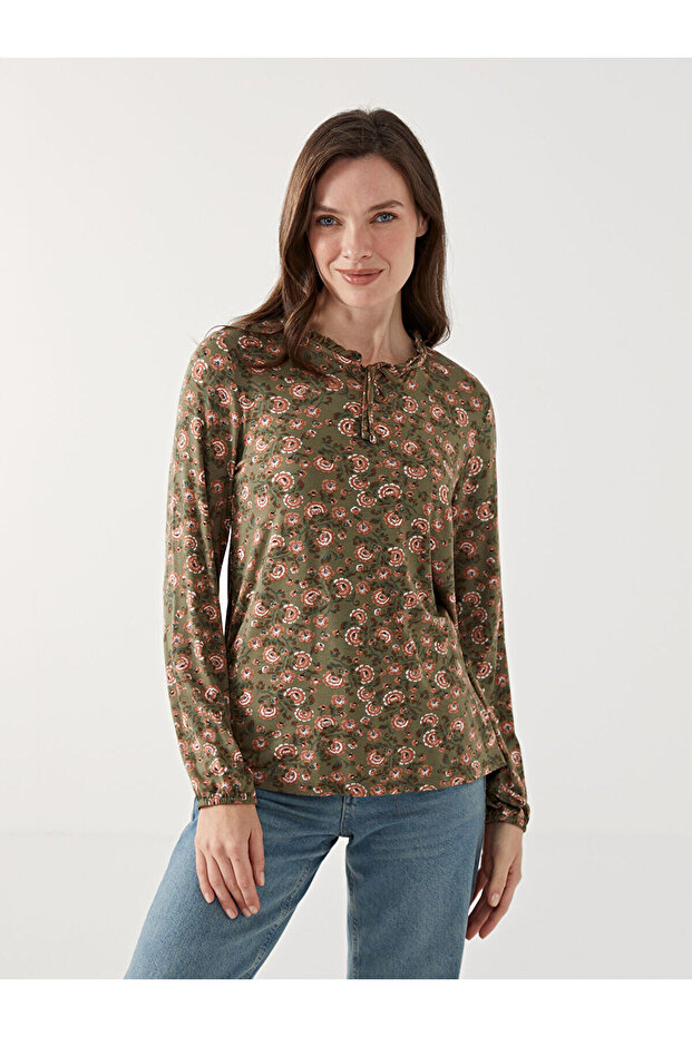 Patterned Long Sleeve - Tie-Up Collar Women's Blouse