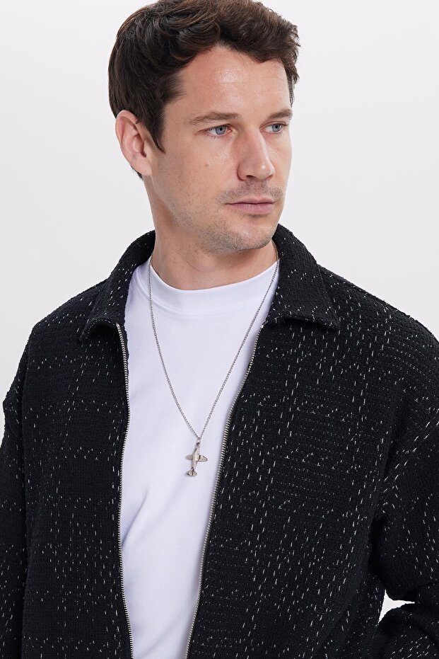 Men's relaxed fit comfortable cut zip-up patterned knit black jacket shirt